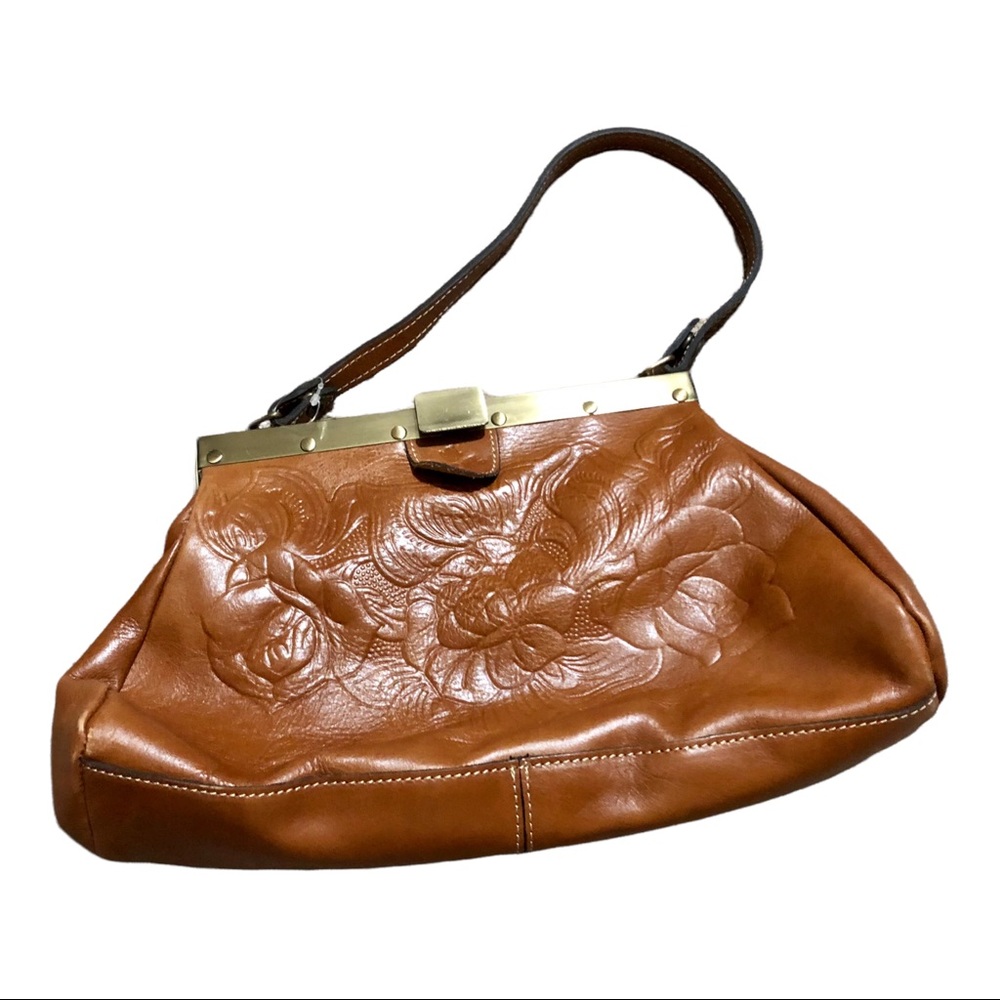 Patricia Nash Ferrara Frame Satchel / Shoulder Bag Brown Tooled Floral Leather